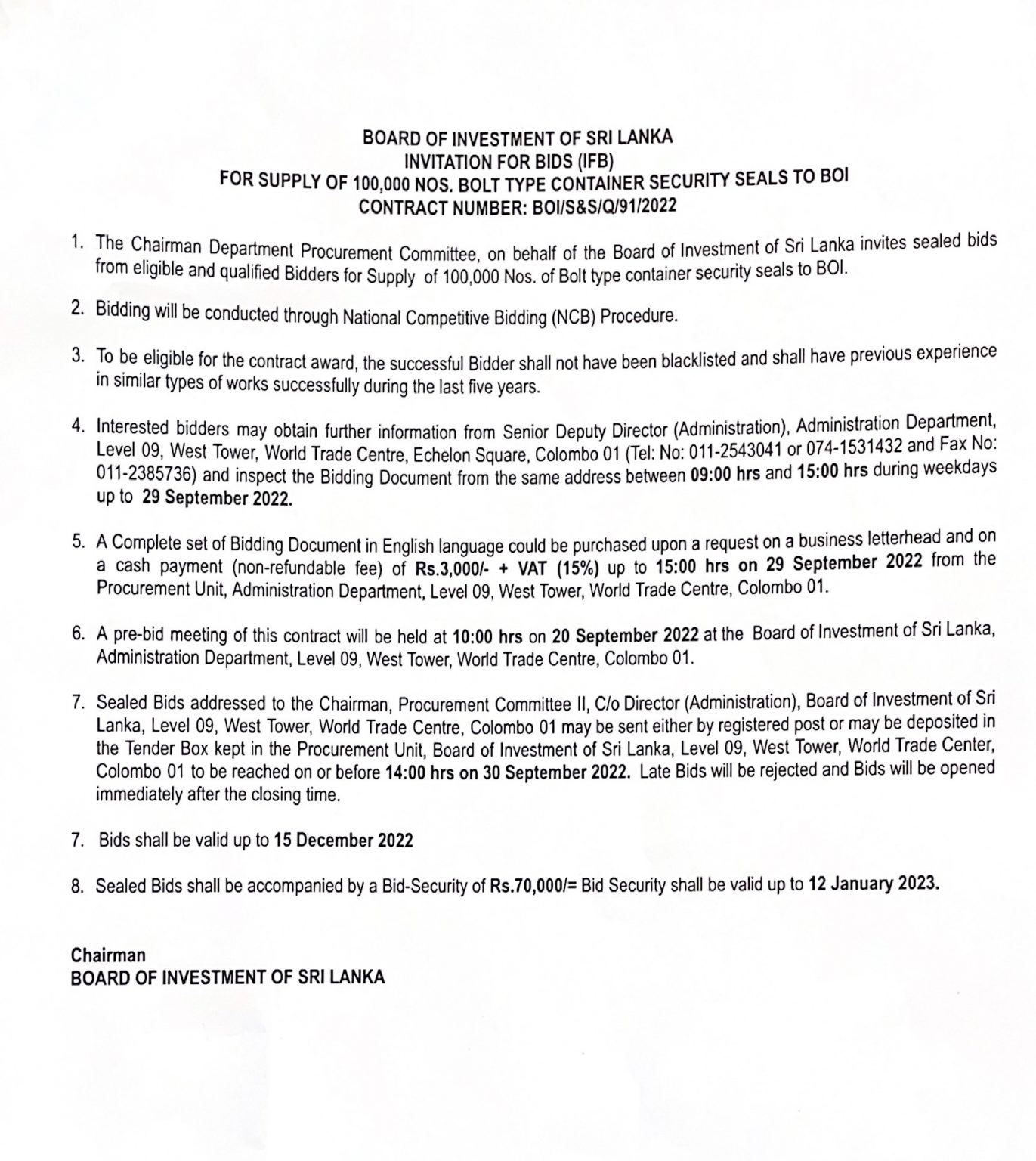 BOARD OF INVESTMENT OF SRI LANKA INVITATION FOR BIDS IFB FOR SUPPLY