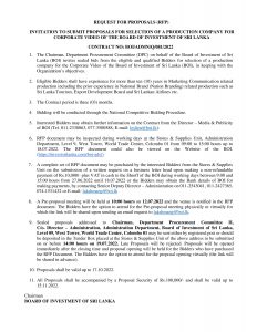 Read more about the article REQUEST FOR PROPOSALS (RFP) INVITATION TO SUBMIT PROPOSALS FOR SELECTION OF A PRODUCTION COMPANY FOR CORPORATE VIDEO OF THE BOARD OF INVESTMENT OF SRI LANKA CONTRACT NO: BOI/ADMN/Q/081/2022